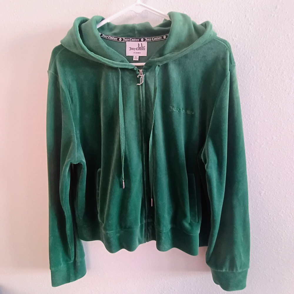Juicy Couture Green Velour Zip Hoodie Y2K Luxe Glam Womens XL Jacket